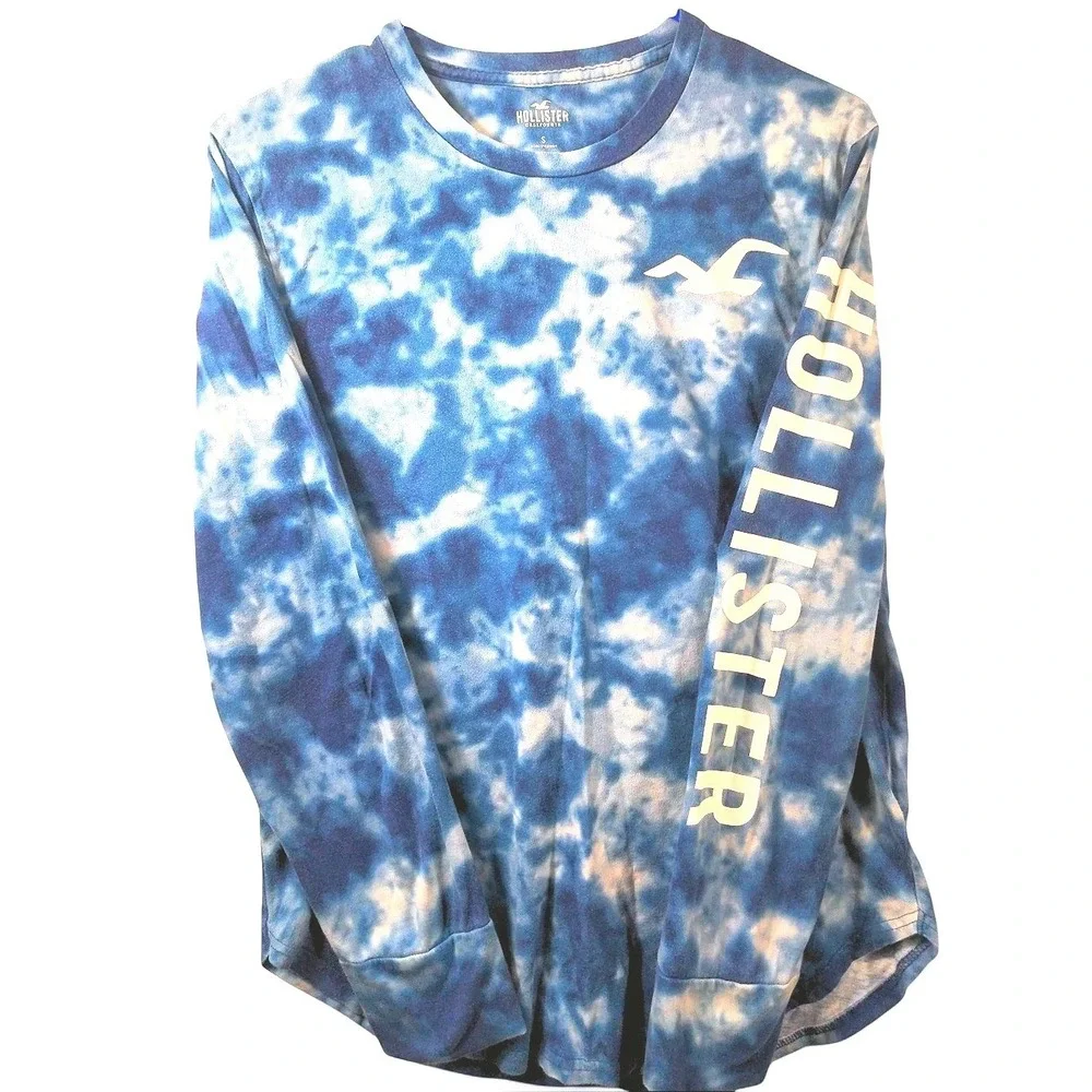 Hollister Mens S Long Sleeve Cotton Blue White Tie Dye Logo Graphic Streetwear - Picture 3 of 9